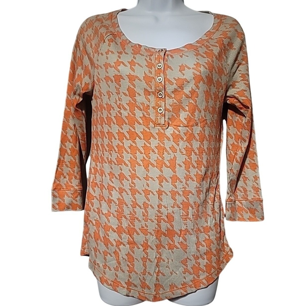 Mudd Y2K‎ Womens Orange Houndstooth Waffle Knit Henley Thermal Top Large